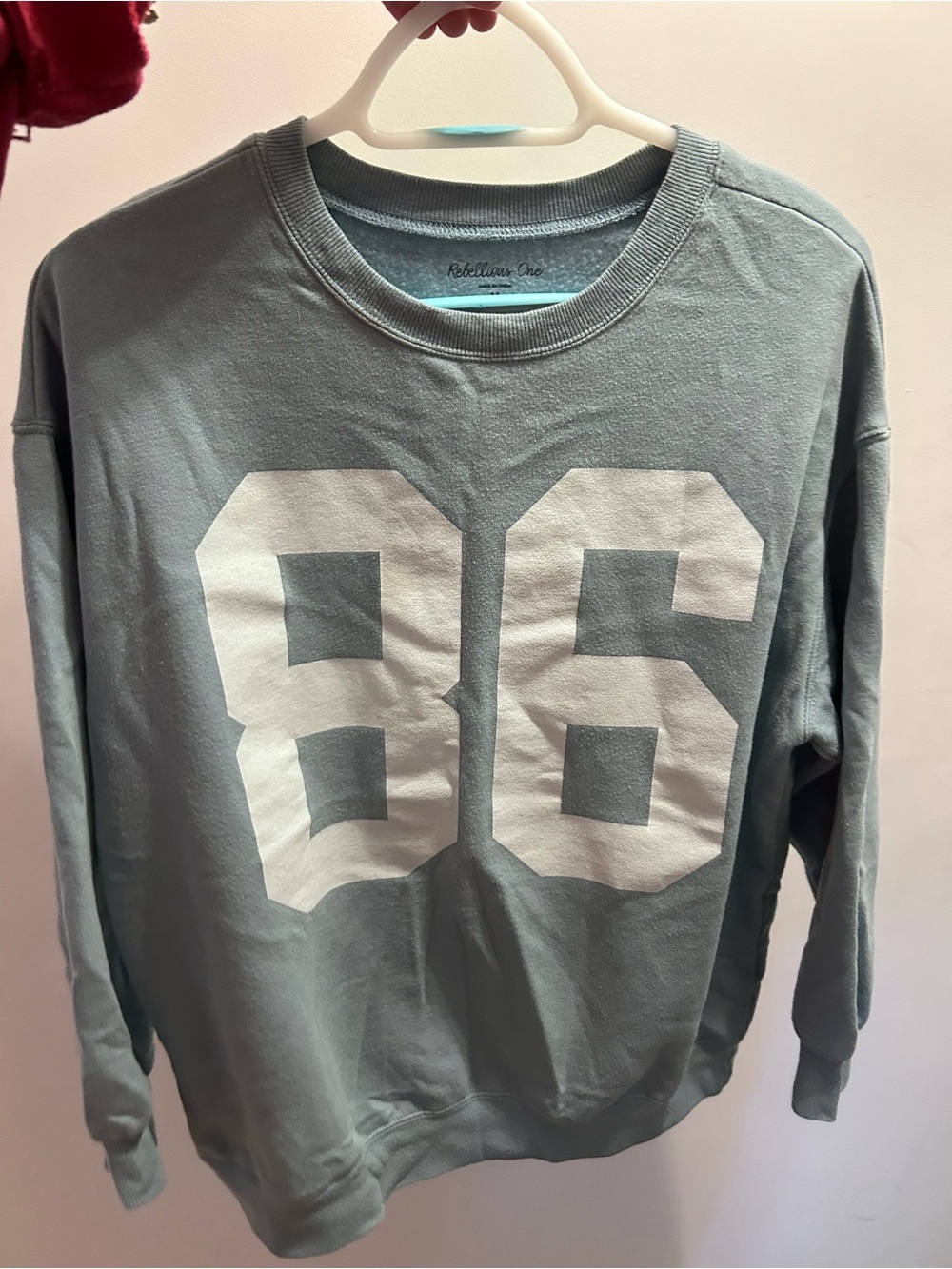 Rebellious One Sage Green Crewneck Sweatshirt with White '86' Graphic